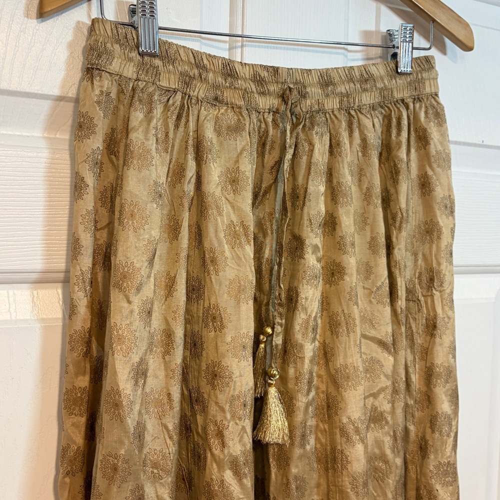Gold Floral Medallion Full Maxi Skirt Tassel Tie S/M Festival Boho Cottage Flowy